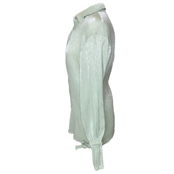 Pretty Lavish Metallic Sage Green Long Sleeve Tie Detail Blouse Women’s Small - Picture 4 of 9